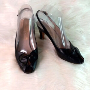 80s Salvatore Ferragamo Black Leather Peep Toe Slingback Heels with Bows Sz7N